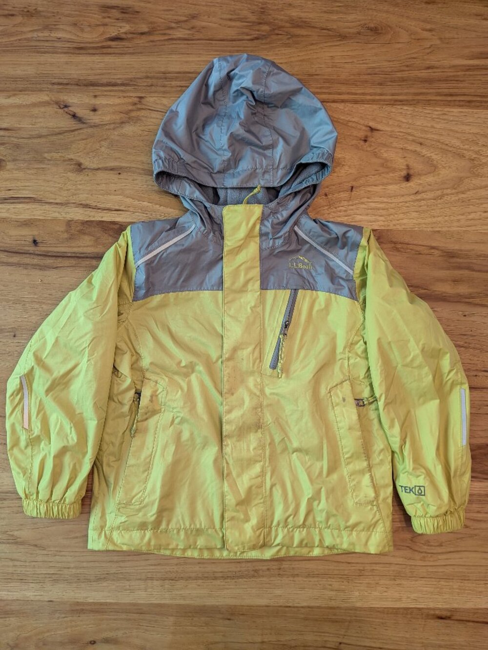 L.L. Bean Kids Fleece Lined Rain Jacket.  Bright Yellow and Gray.  Size S4